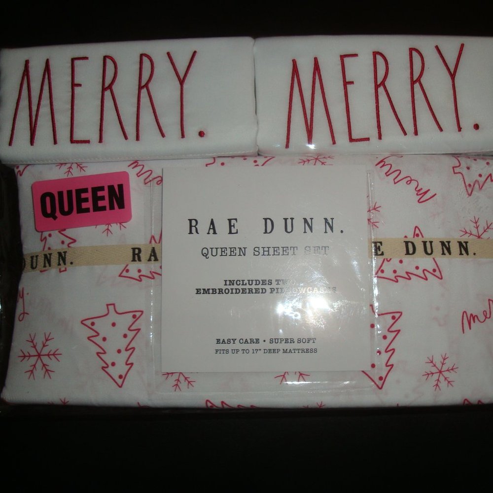 Rae Dunn 4 Pc Queen Sheet Set "Merry" Christmas Print
